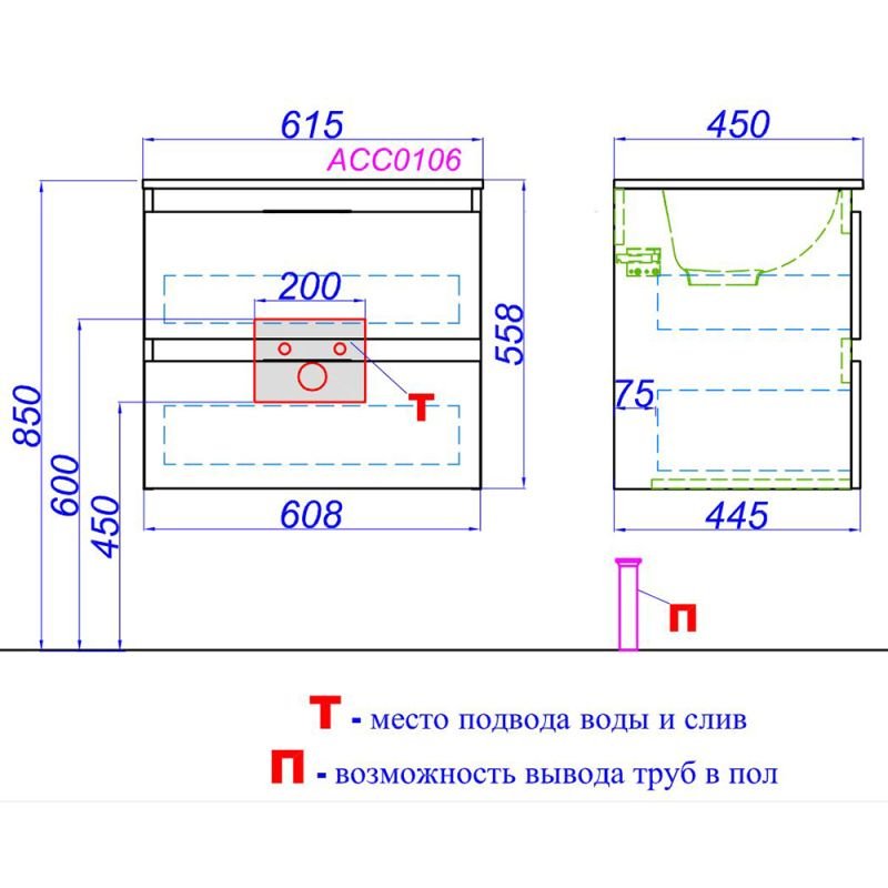 Мебель для ванной Aqwella Accent 60, с 2 ящиками, цвет дуб золотой - фото 1