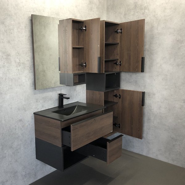 Мебель для ванной Comforty Франкфурт 75 с раковиной Comforty 75E черная матовая, цвет дуб шоколадно-коричневый