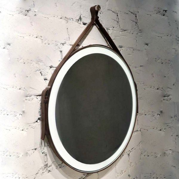 Зеркало Jorno Wood 50x50, на кожаном ремне, с подсветкой и диммером, цвет коричневый - фото 1