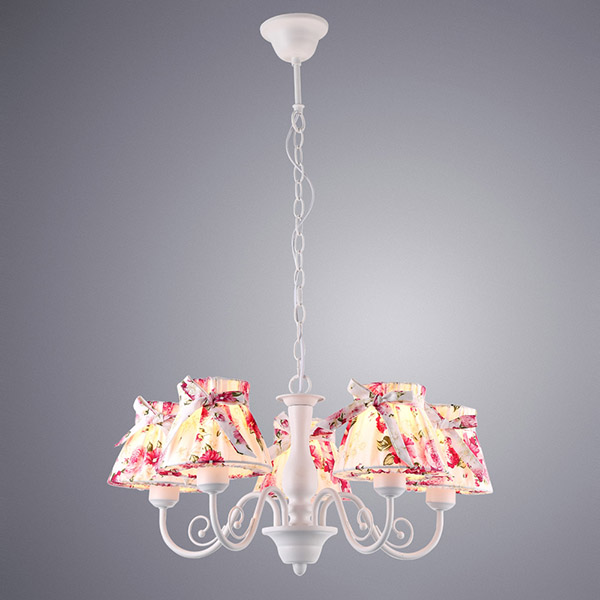 Подвесная люстра Arte Lamp Margherita A7021LM-5WH, арматура белая, плафоны ткань белая / розовая, 16х21 см