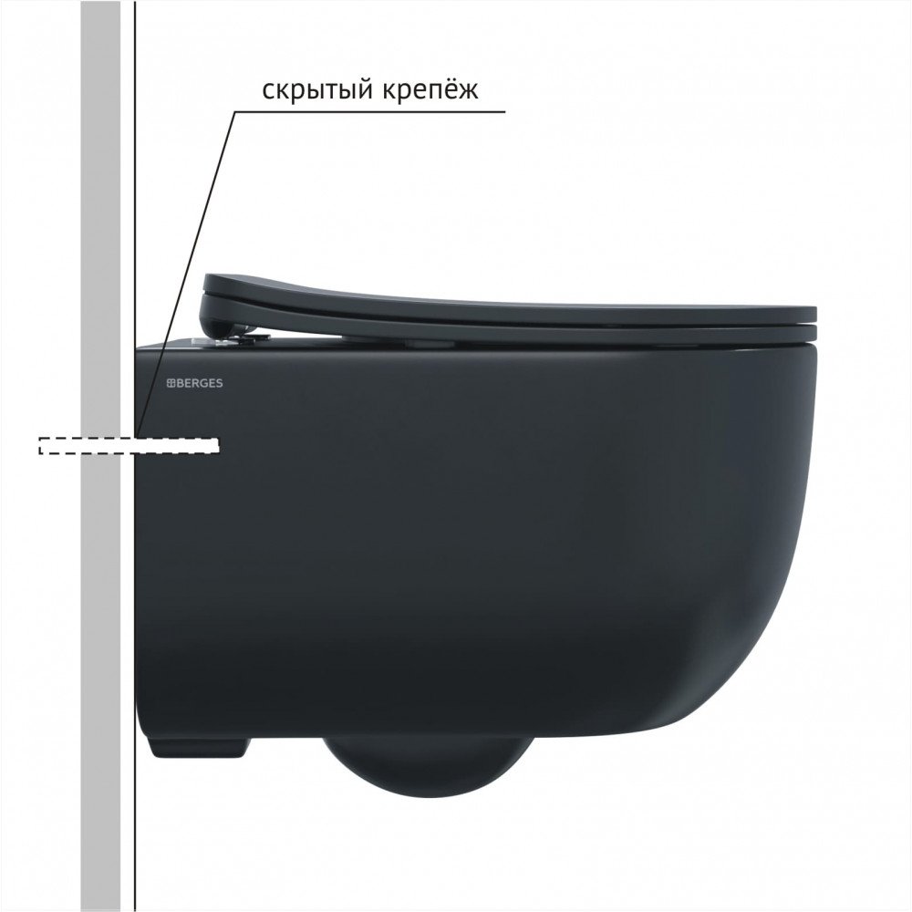 Комплект Berges 043324 унитаза Ventas Black с сиденьем микролифт и инсталляции Novum 525 с черной кнопкой L5 Soft Touch - фото 1