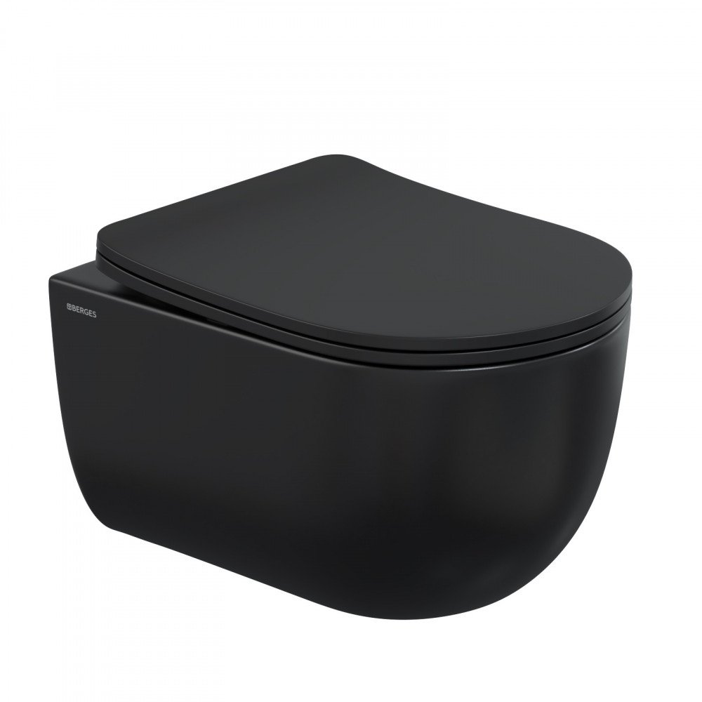 Комплект Berges 043324 унитаза Ventas Black с сиденьем микролифт и инсталляции Novum 525 с черной кнопкой L5 Soft Touch - фото 1