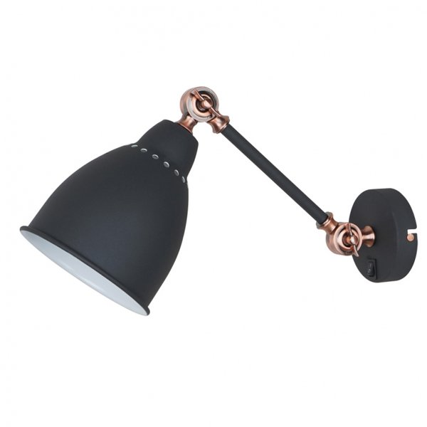 Бра Arte Lamp Braccio A2054AP-1BK, арматура черная / медь, плафон металл черный, 15х40 см