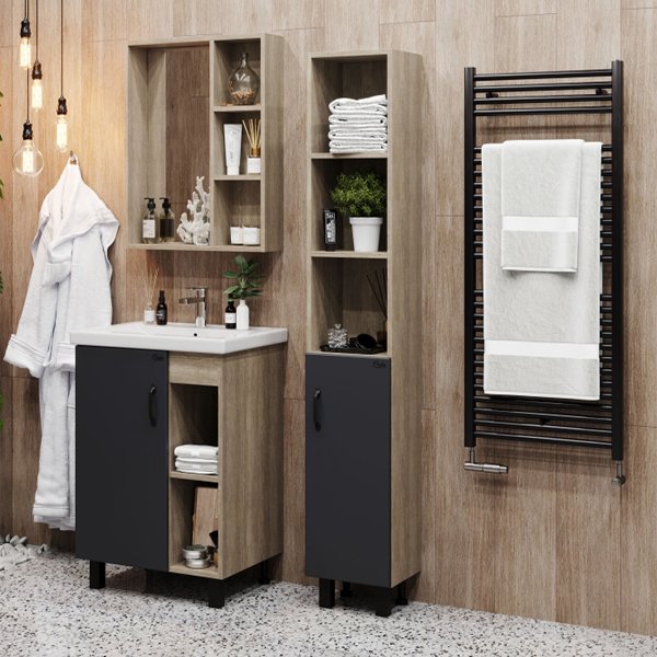 Мебель для ванной Оника Тимбер 60.01, под раковину Фостер, цвет серый матовый / дуб сонома