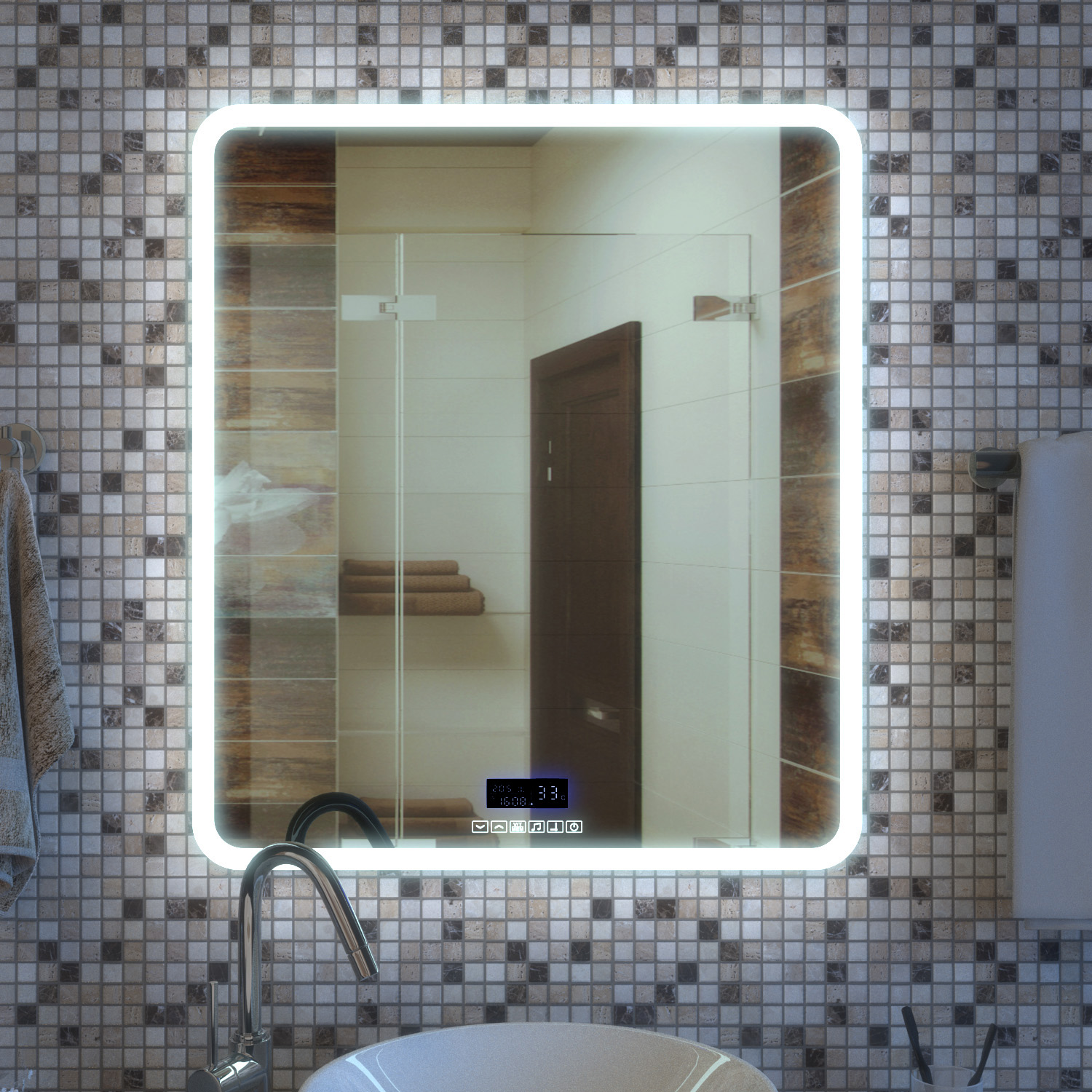 Зеркало Joki Asti 70x80, с подсветкой, функцией антизапотевания, часами и музыкальным блоком