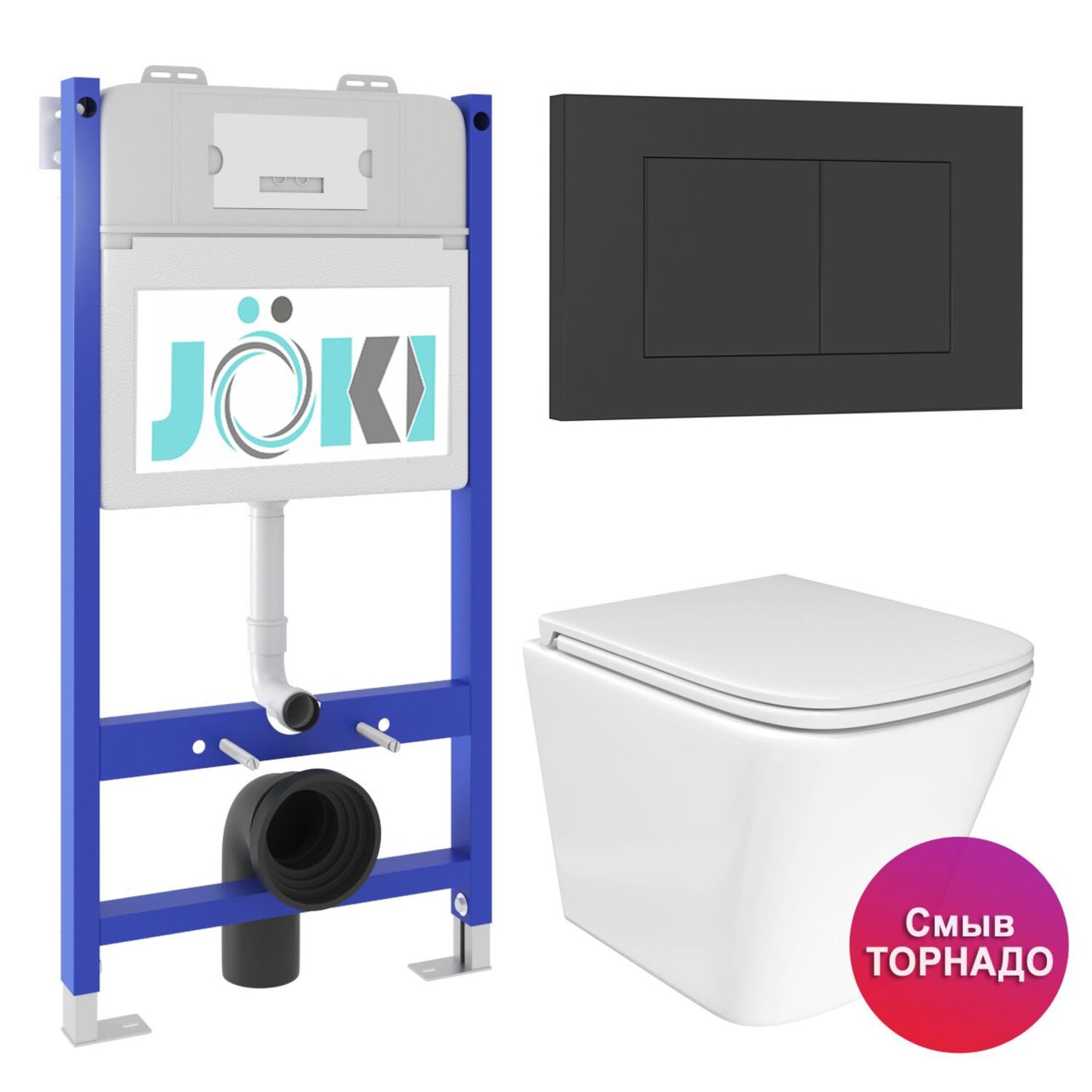 Комплект: JOKI Инсталляция JK03351+Кнопка JK013525BM черный+Verna T JK3031025 унитаз белый, смыв Торнадо