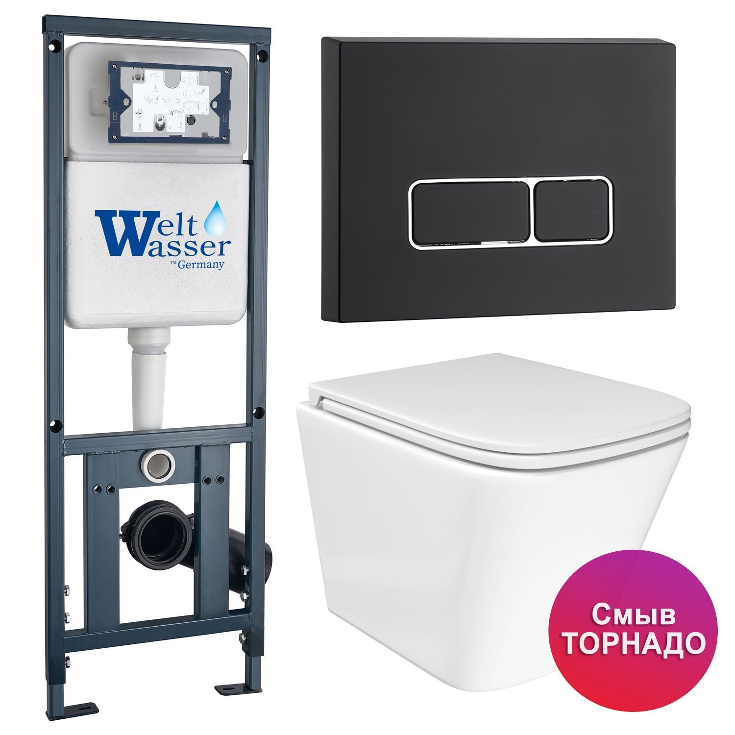 Комплект: Weltwasser Инсталляция Mar 410+Кнопка Mar 410 SE MT-BL черная+Verna T JK3031025 белый унитаз, смыв Торнадо