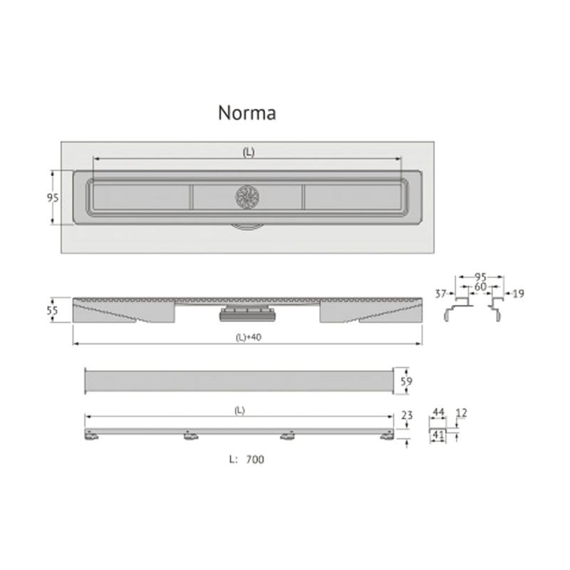 Душевой лоток Berges C1 Norma 090138 с решеткой 70x6 см, боковой выпуск, цвет хром матовый, 80x12 см