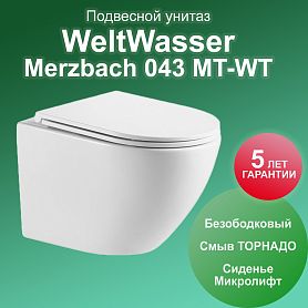 Унитаз Weltwasser SK Merzbach 043 MT-WT подвесной, безободковый, смыв Торнадо, с сиденьем микролифт, цвет белый матовый - фото 1