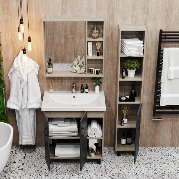 Мебель для ванной Оника Тимбер 70.10, под раковину Фостер, цвет серый матовый / дуб сонома