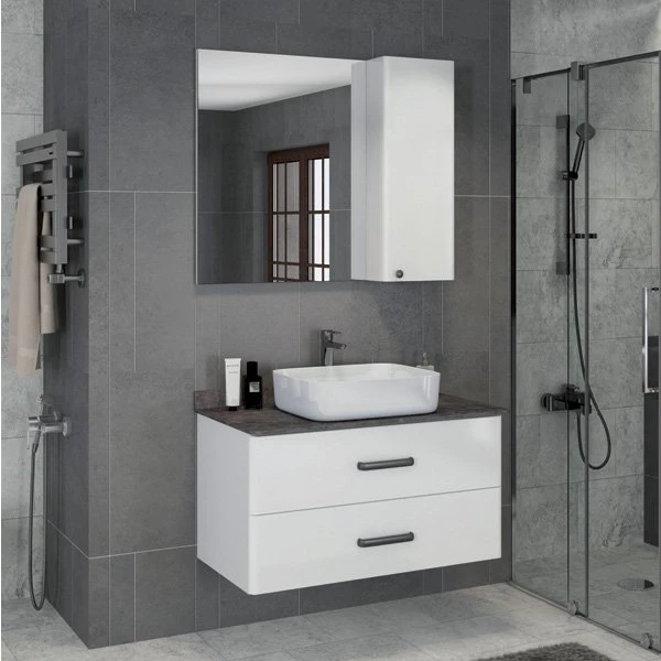 Мебель для ванной Comforty Амстердам 95 с черной матовой столешницей, цвет белый