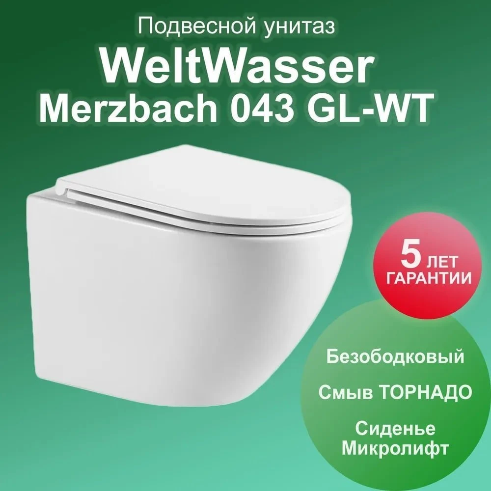 Комплект Weltwasser 10000011319 унитаза Merzbach 043 GL-WT с сиденьем микролифт и инсталляции Marberg 507 с черной кнопкой Marberg 507 SE MT-BL - фото 1