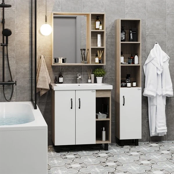Мебель для ванной Оника Тимбер 70.10, под раковину Фостер, цвет белый матовый / дуб сонома