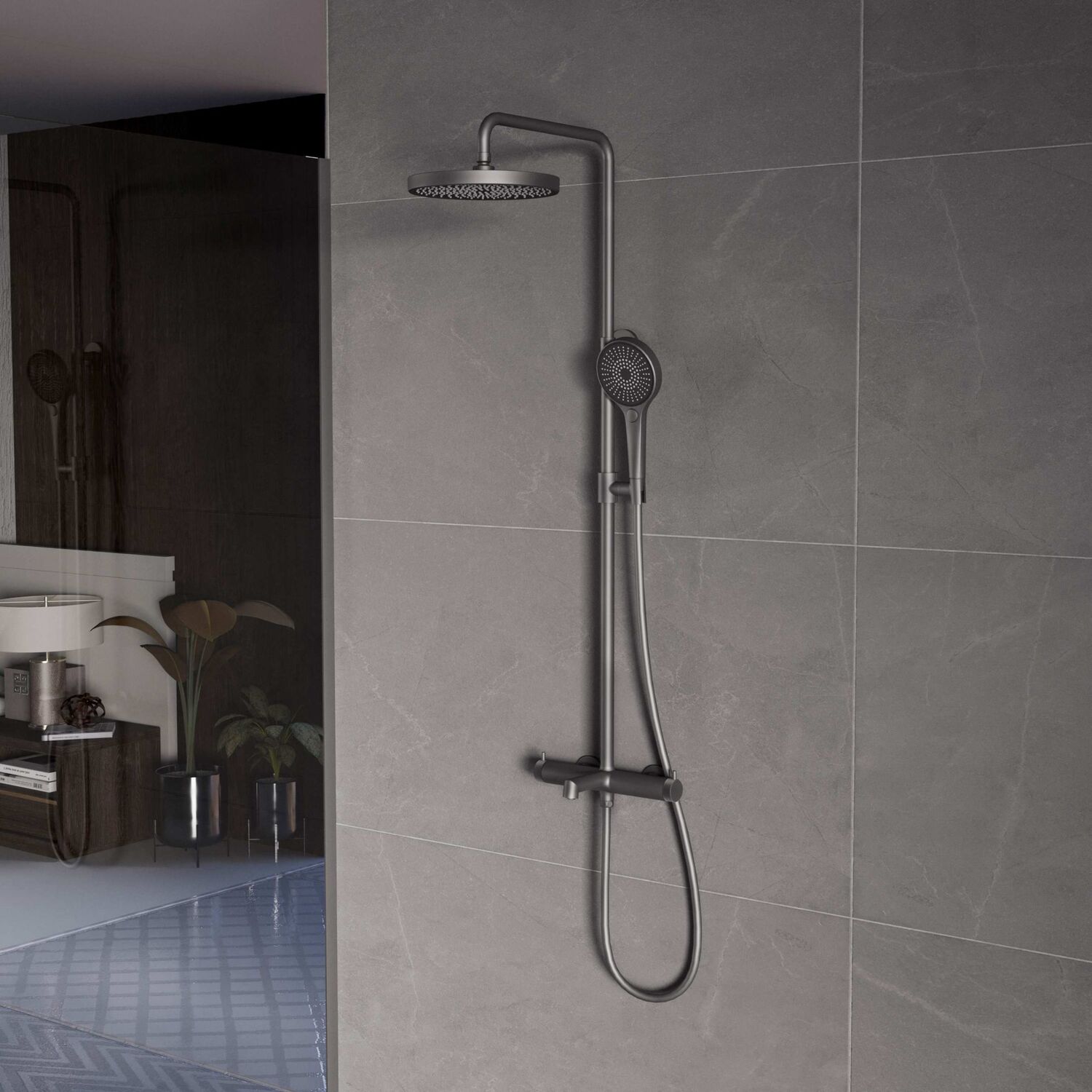 Душевая стойка Vincea Rim VSFS-2RM1GM, с верхним душем, смесителем, цвет вороненая сталь - фото 1