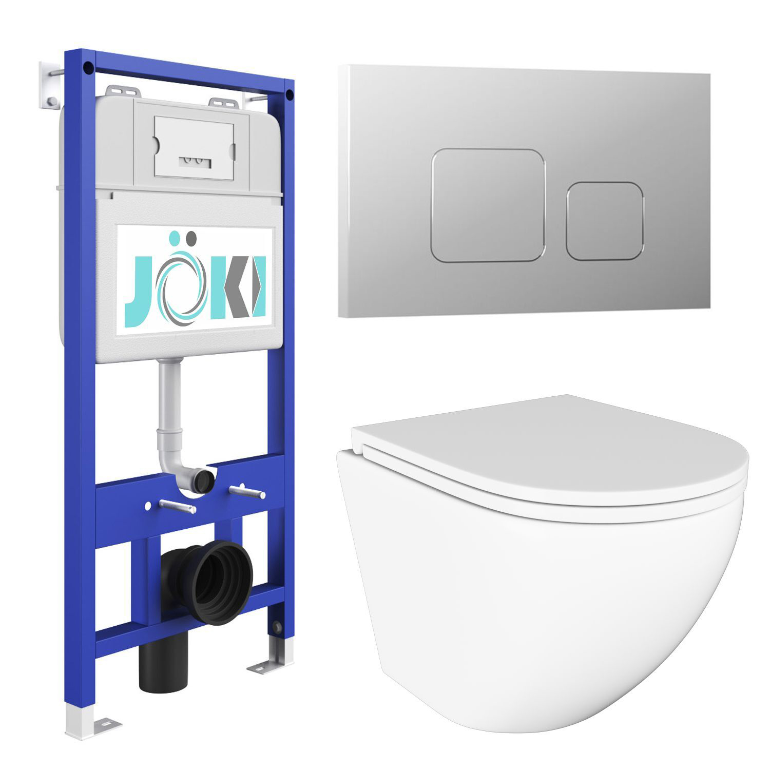 Комплект JOKI подвесного унитаза Stella JK1021007 белый + инсталляция JK01150 + кнопка Ventus JK701528CH хром глянец