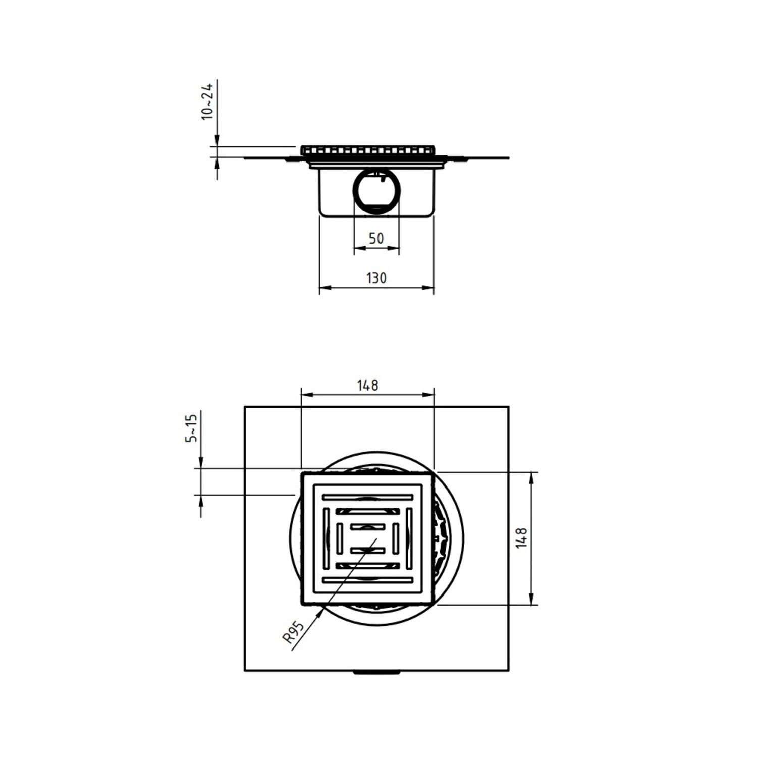 Душевой трап Berges Zentrum Antik 09 23 65, боковой выпуск, цвет золото глянец, 15x15 см