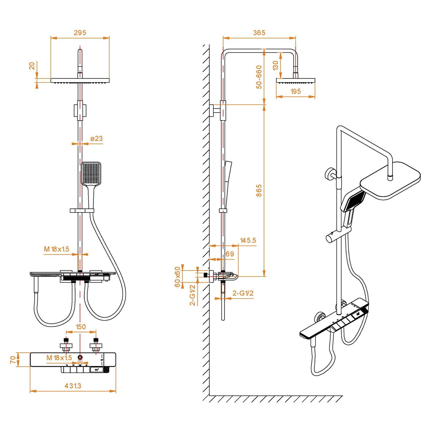 Душевая стойка RGW Shower Panels SP-35 GR, с верхним душем, термостатическим смесителем, цвет серый - фото 1