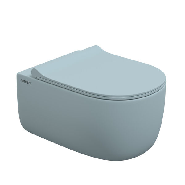 Унитаз Berges Ego XL 083229 подвесной, безободковый, с сиденьем микролифт, цвет голубой матовый