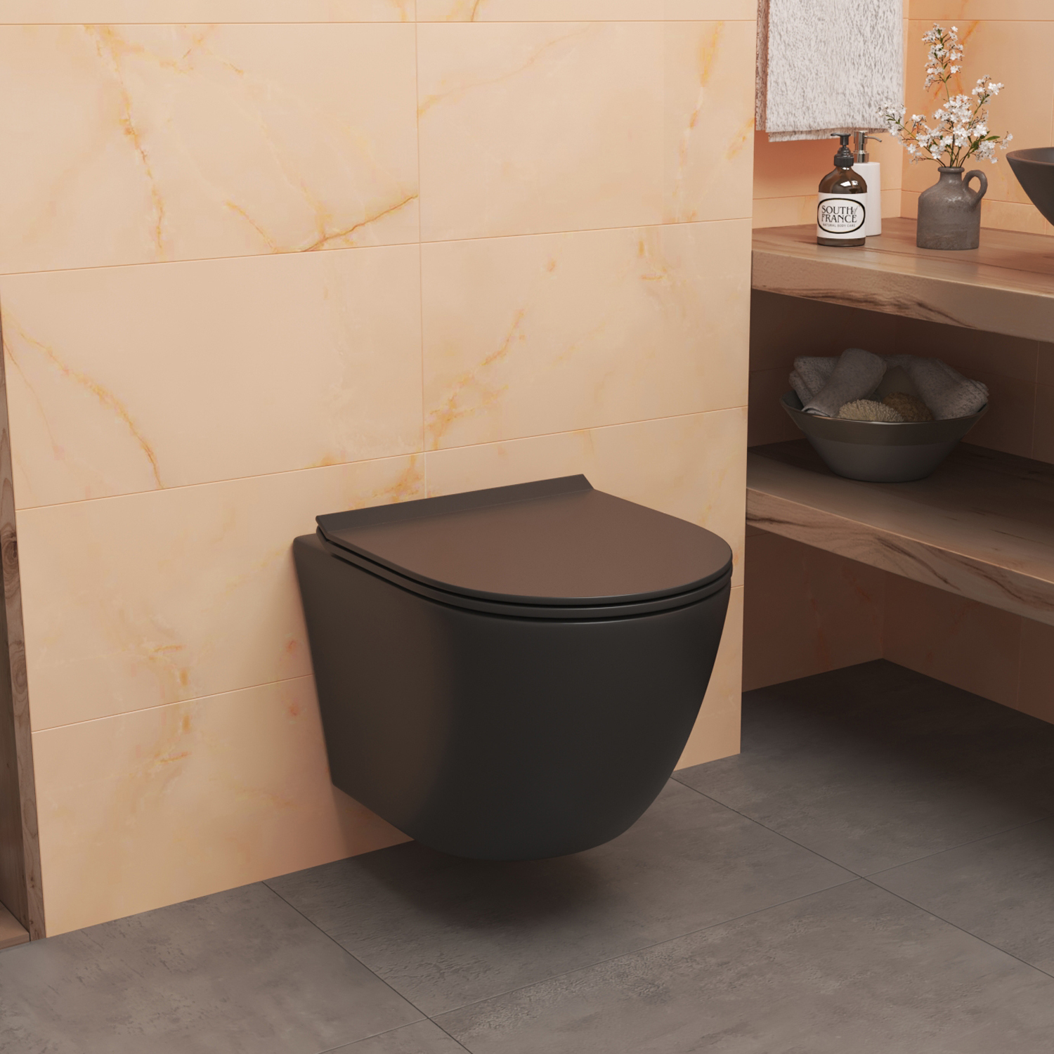 Унитаз Joki Stella T JK1141020MB подвесной, безободковый, смыв Торнадо, с сиденьем микролифт, цвет черный - фото 1