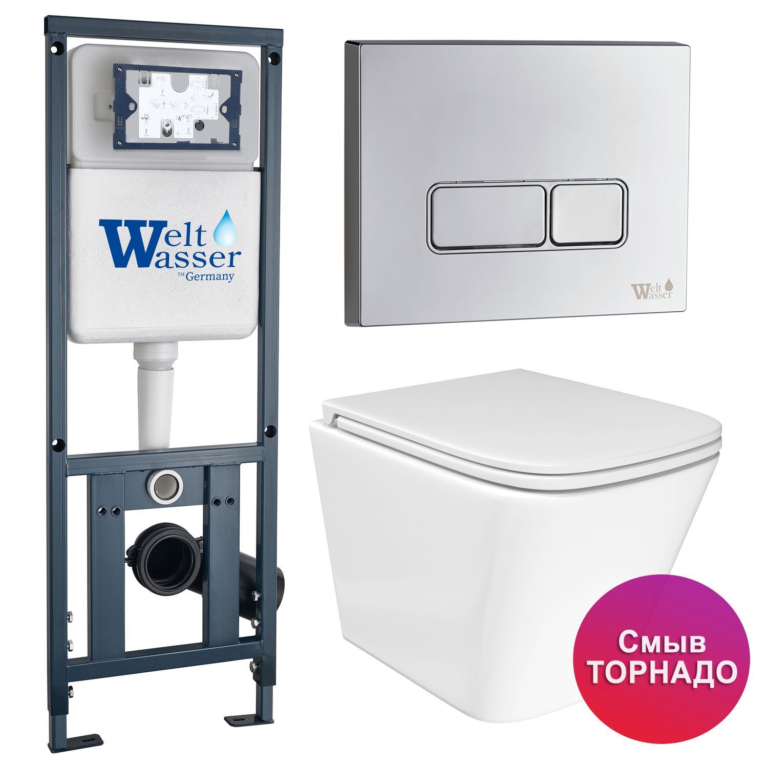 Комплект: Weltwasser Инсталляция Mar 410+Кнопка Mar 410 SE CR хром+Verna T JK3031025 белый унитаз, смыв Торнадо