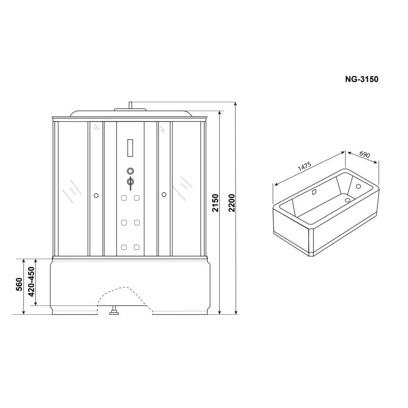 Душевая кабина Niagara Ultra NG-3150-01 150х70, стекло прозрачное с матовой полосой, профиль хром, с крышей, с гидромассажем, с пультом управления