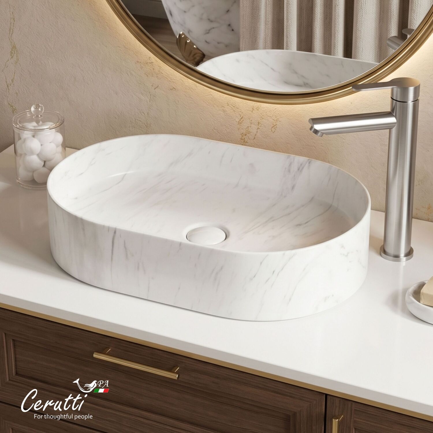 Раковина CeruttiSPA CR0055B MMW1 накладная, 50х35 см, цвет мрамор матовый белый - фото 1