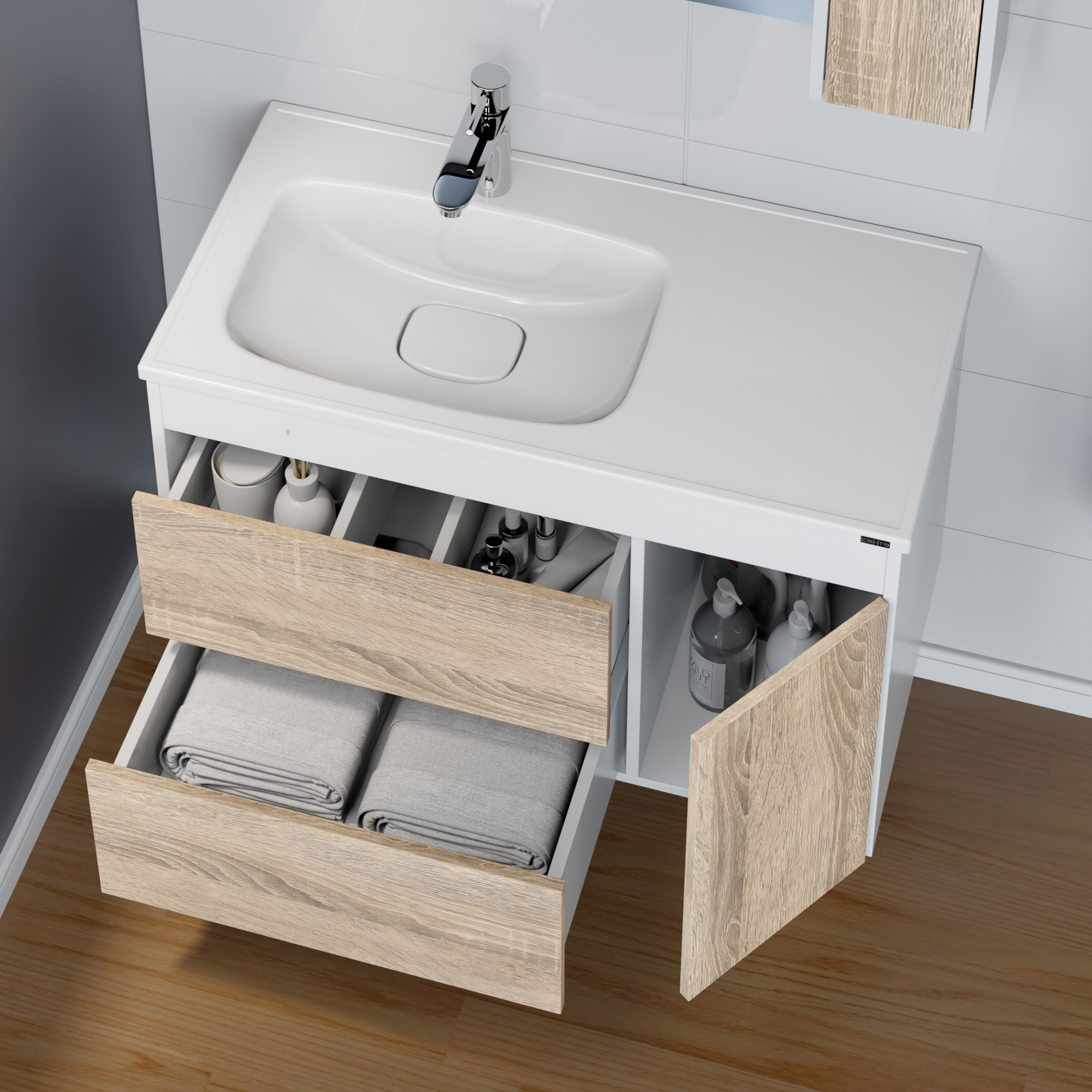 Тумба под раковину Санта Меркурий 90, цвет белый / янтарное дерево - фото 1