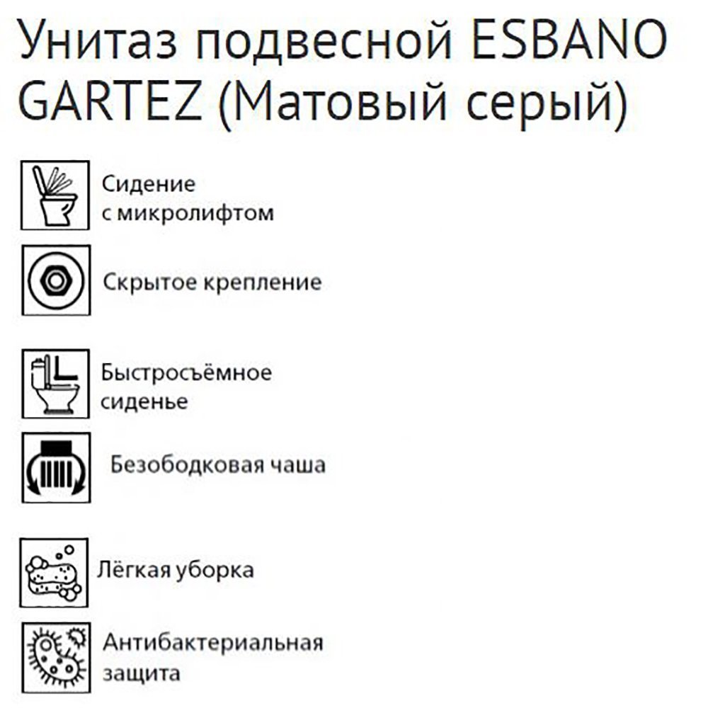 Унитаз Esbano Gartez Matt Grey подвесной, безободковый, с сиденьем микролифт, цвет серый матовый - фото 1