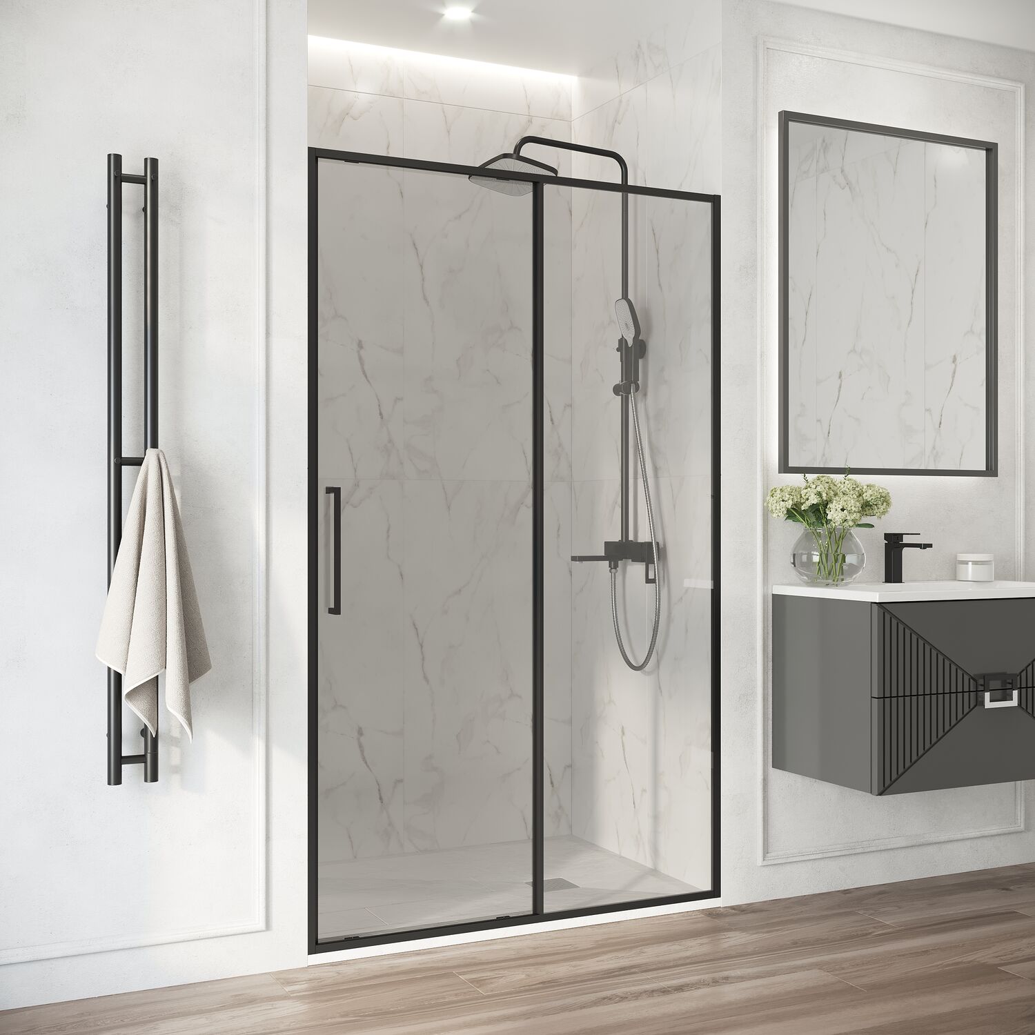 Душевая дверь Niagara Nova NG-88-11AB 110х195, стекло прозрачное, профиль черный матовый