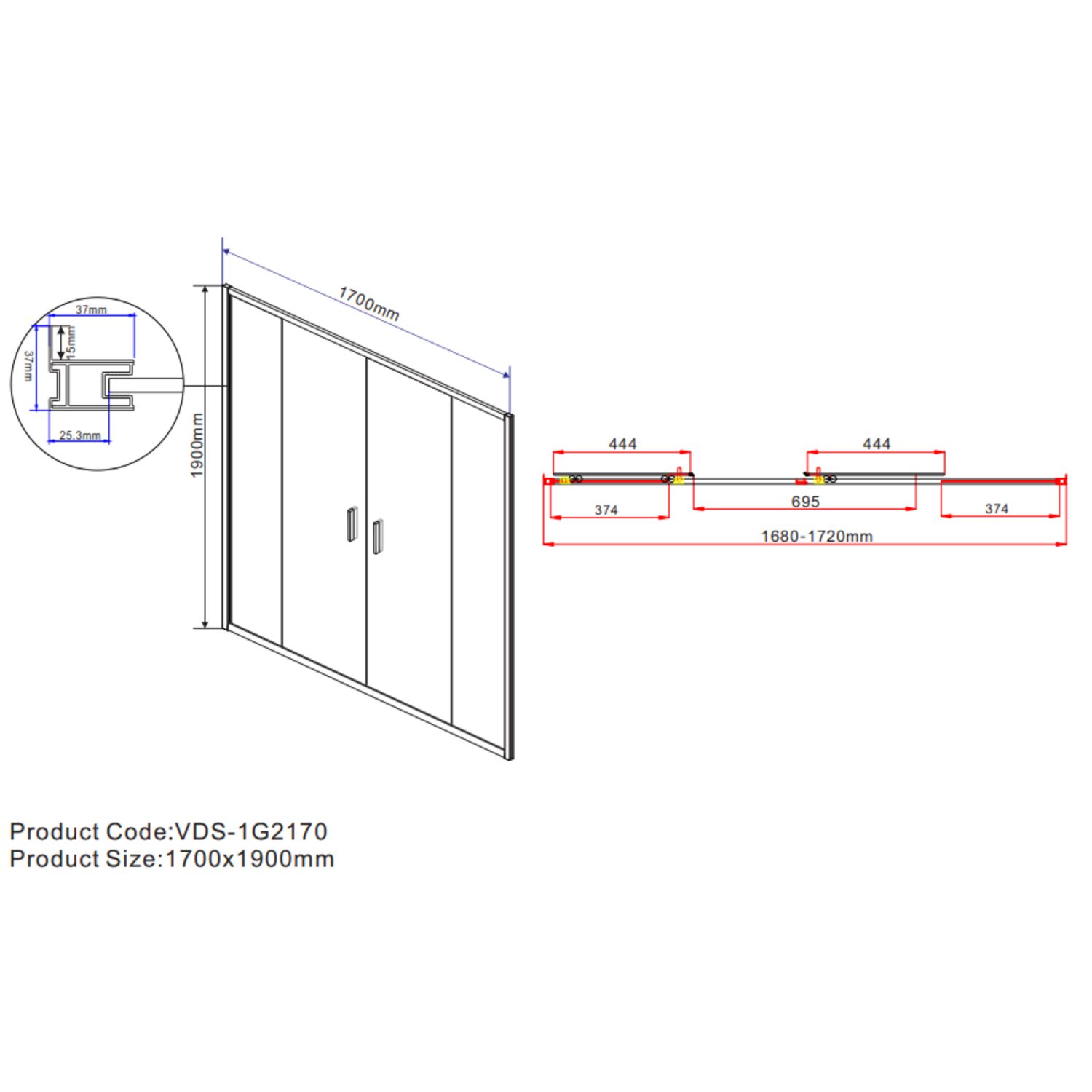 Душевая дверь Vincea Garda VDS-1G2 170x190, стекло прозрачное, профиль брашированное золото - фото 1