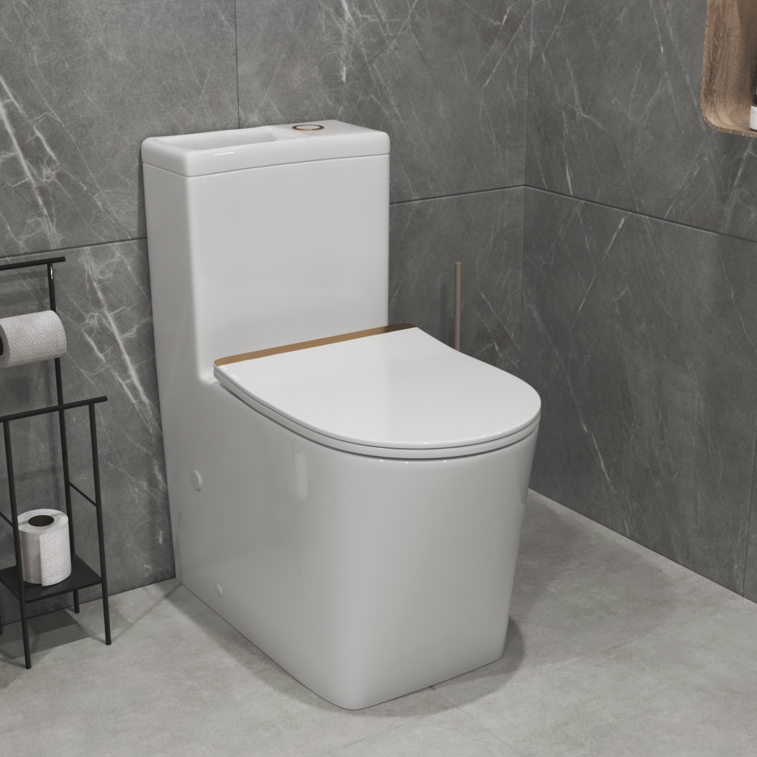 Унитаз-моноблок Joki Royal T Gold JK86472105GOLD напольный, безободковый, смыв Торнадо, с сиденьем микролифт, цвет белый / золото
