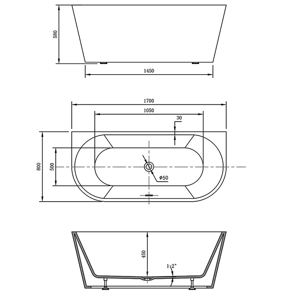 Ванна Vincea VBT-421-170MB 170x80 акриловая, цвет белый / черный матовый