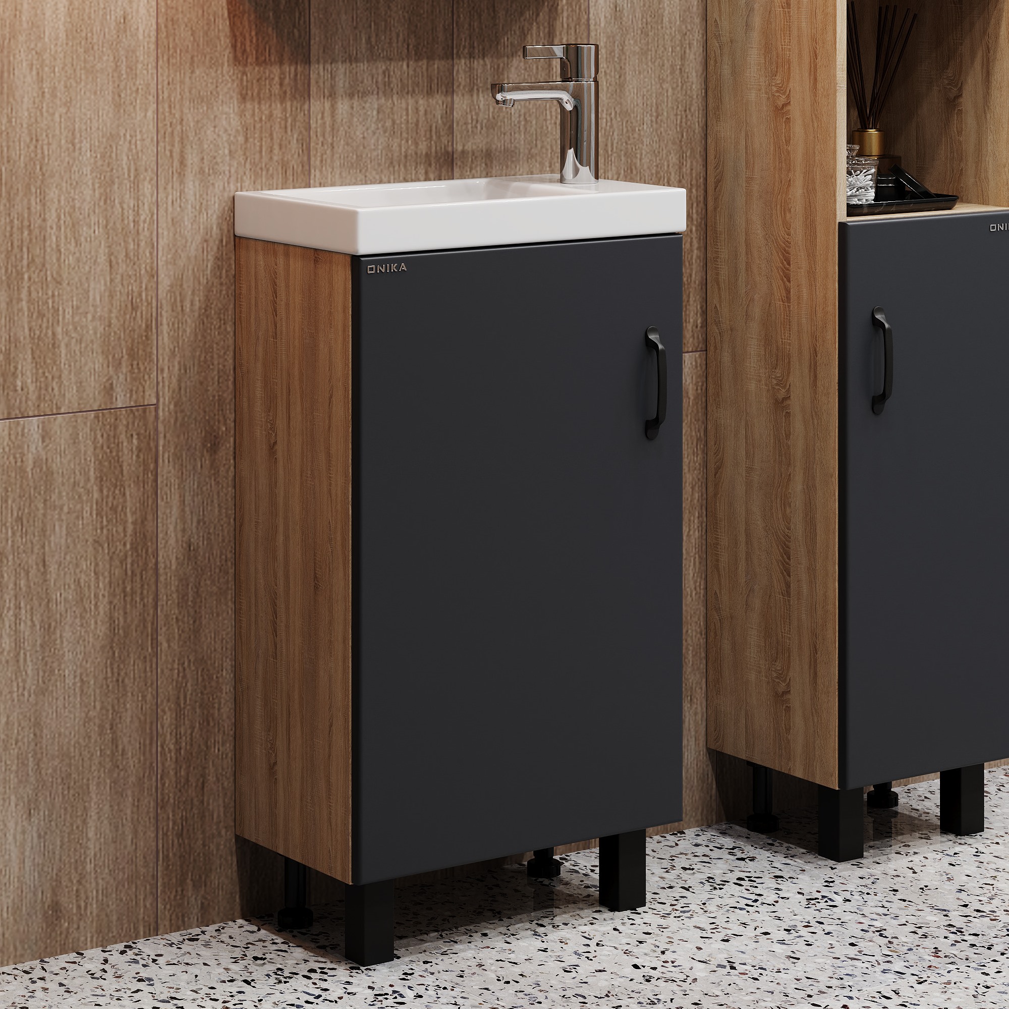 Мебель для ванной Оника Тимбер 45, напольная, цвет серый матовый / дуб сонома - фото 1