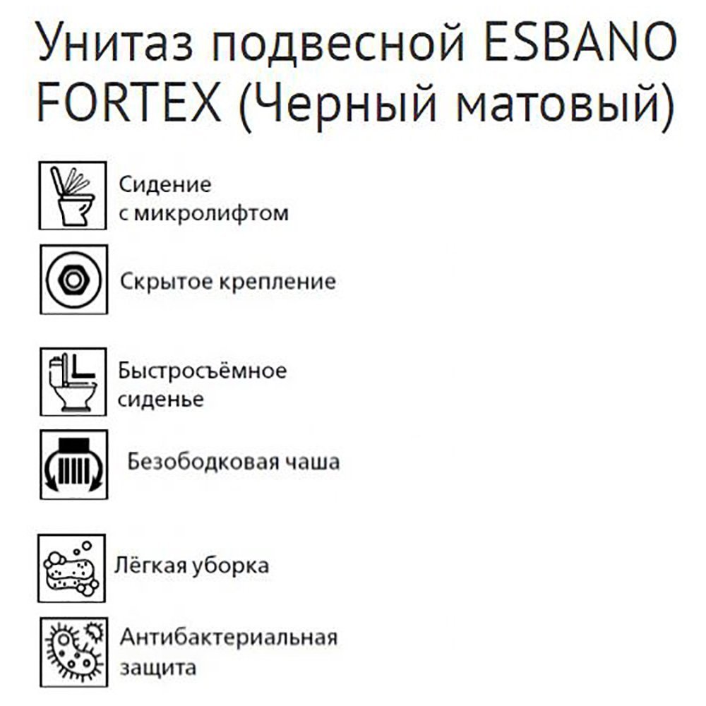Унитаз Esbano Fortex Matt Black подвесной, безободковый, с сиденьем микролифт, цвет черный матовый - фото 1