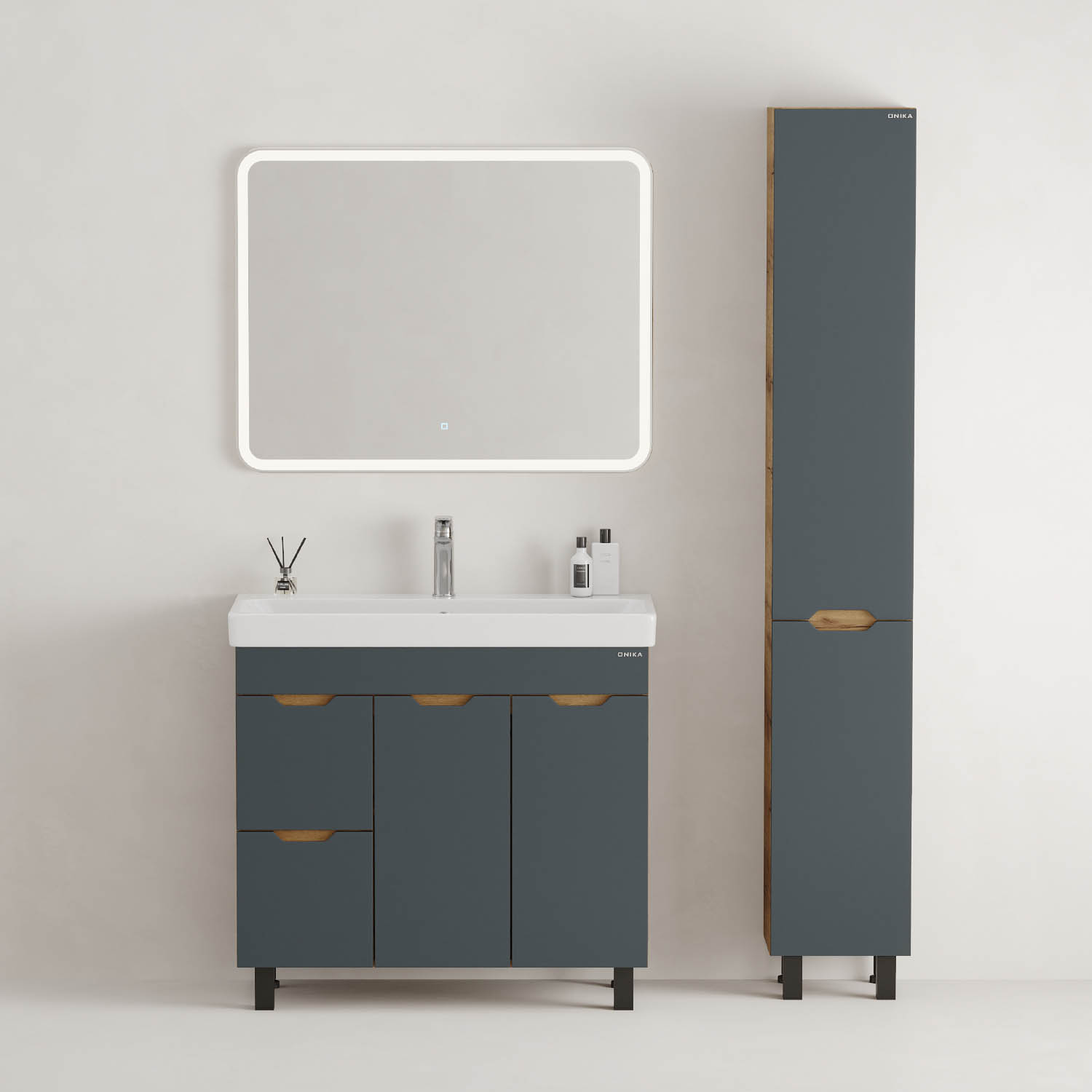 Мебель для ванной Оника Айленд 90, с бельевой корзиной, цвет графит / дуб крафт золотой - фото 1
