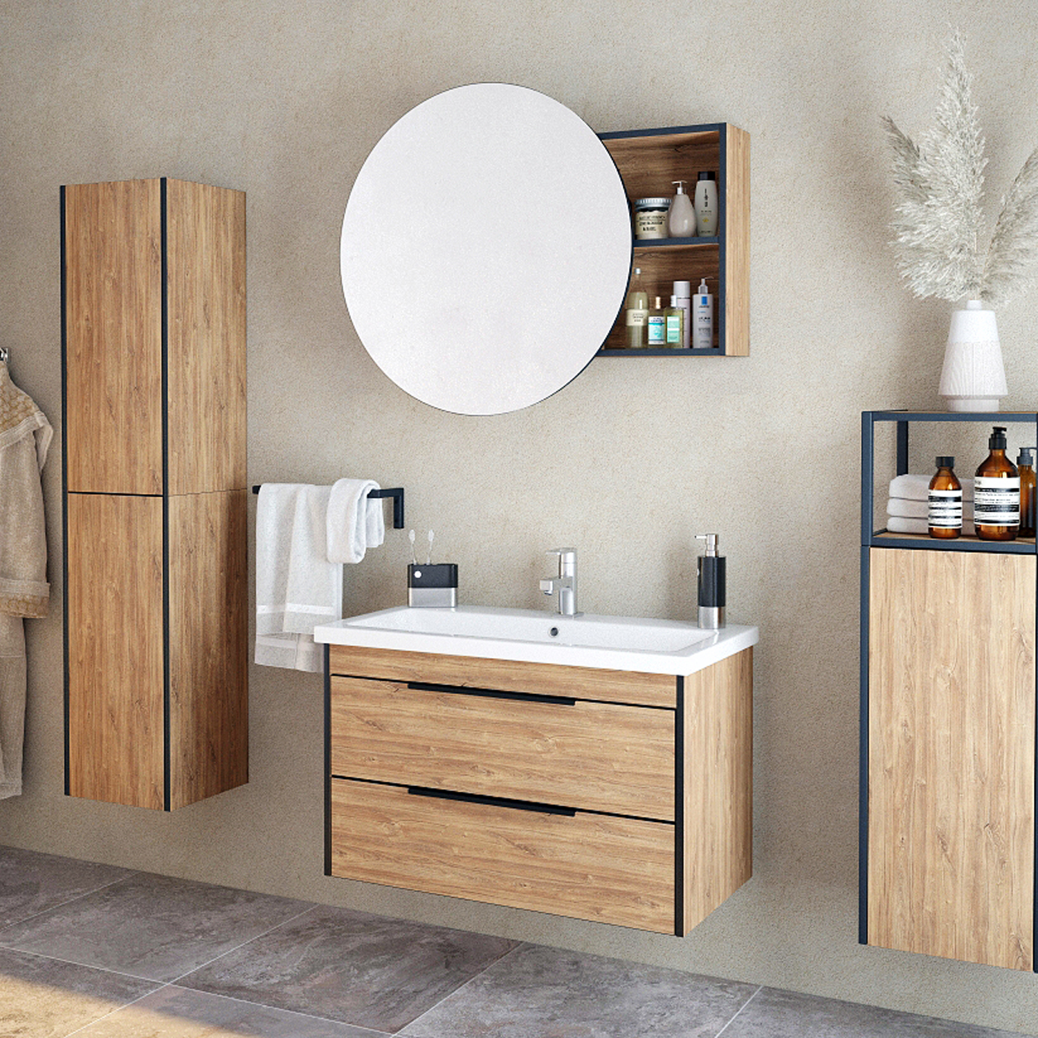 Мебель для ванной Corozo Форест 80, подвесная/напольная, цвет дуб канзас коричневый