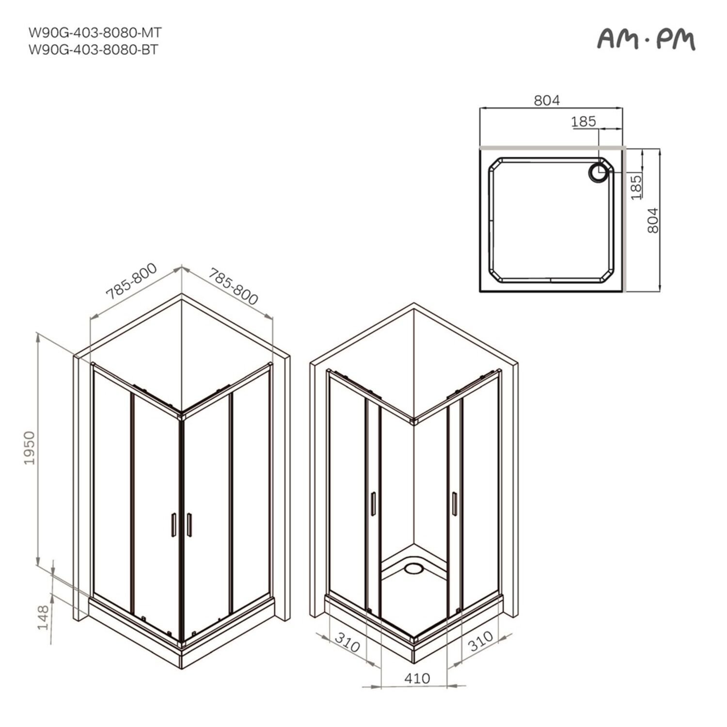 Душевой уголок AM.PM Gem W90G-403-8080-BT 80x80, стекло прозрачное, профиль черный матовый - фото 1