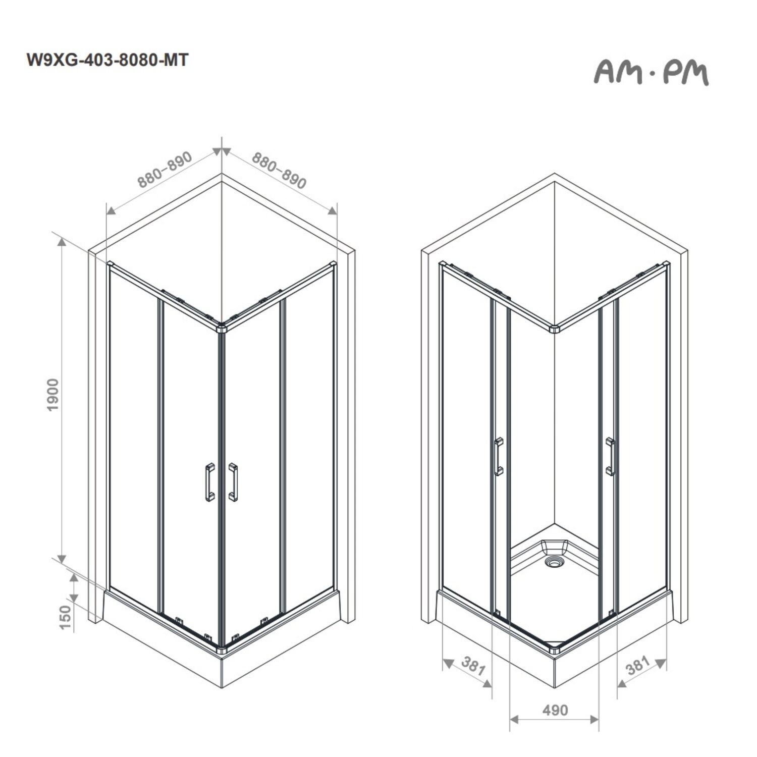 Душевой уголок AM.PM Above W9XG-403-9090-MT 90x90, стекло прозрачное, профиль хром матовый - фото 1