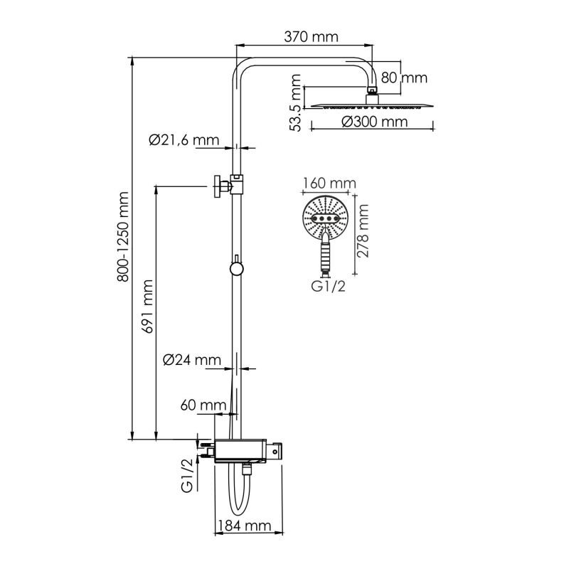 Душевая стойка WasserKRAFT A113.116.059.CH Thermo, с верхним душем, термостатическим смесителем, цвет хром - фото 1