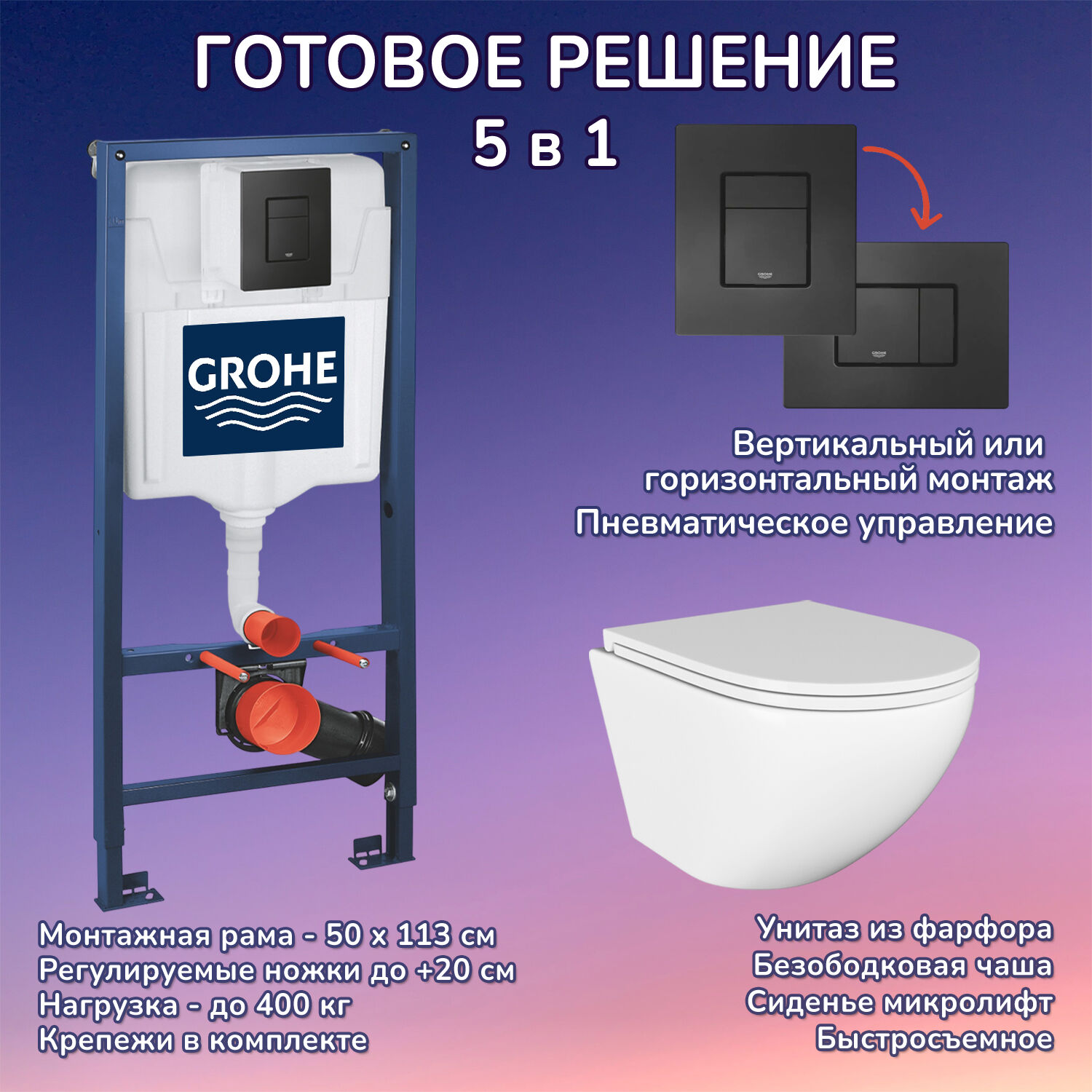 Комплект: Инсталляция Grohe 3 в 1 38811KF0 черная кнопка+Stella JK1021007 белый унитаз