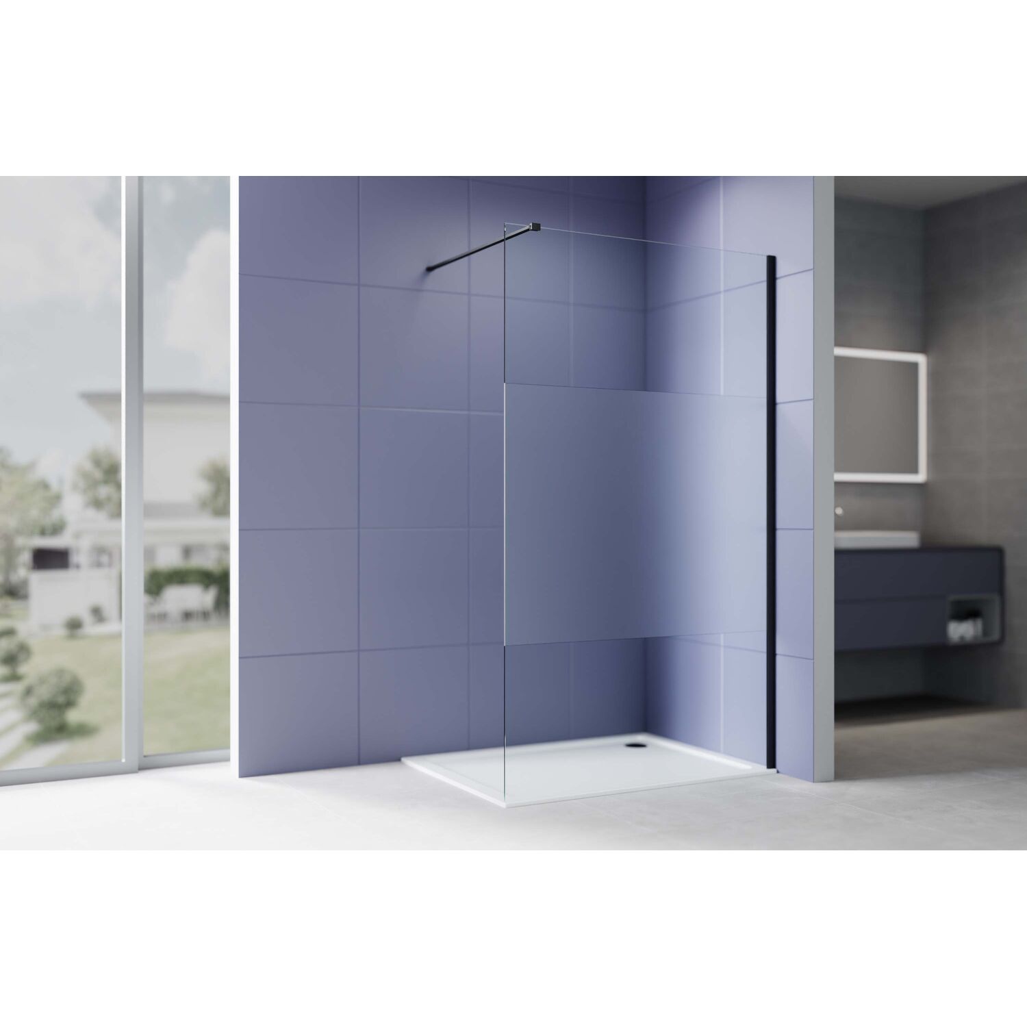 Перегородка для душа Акватек AQ.WI.140.3BL 140x200, стекло прозрачное с матовыми вставками, профиль черный матовый