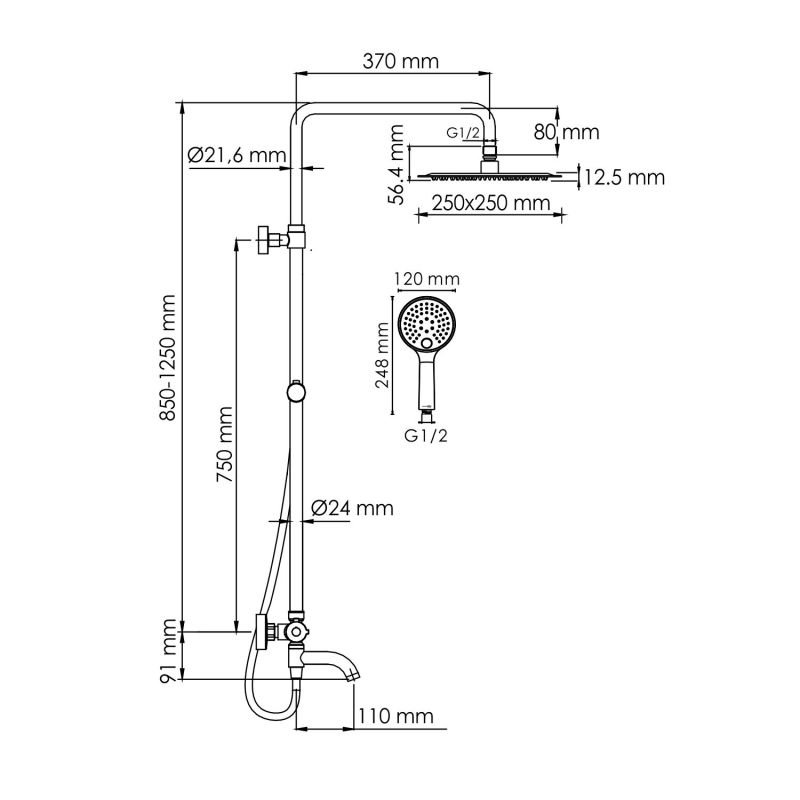 Душевая стойка WasserKRAFT A188.256.207.PG Thermo, с верхним душем, термостатическим смесителем, цвет глянцевое золото - фото 1