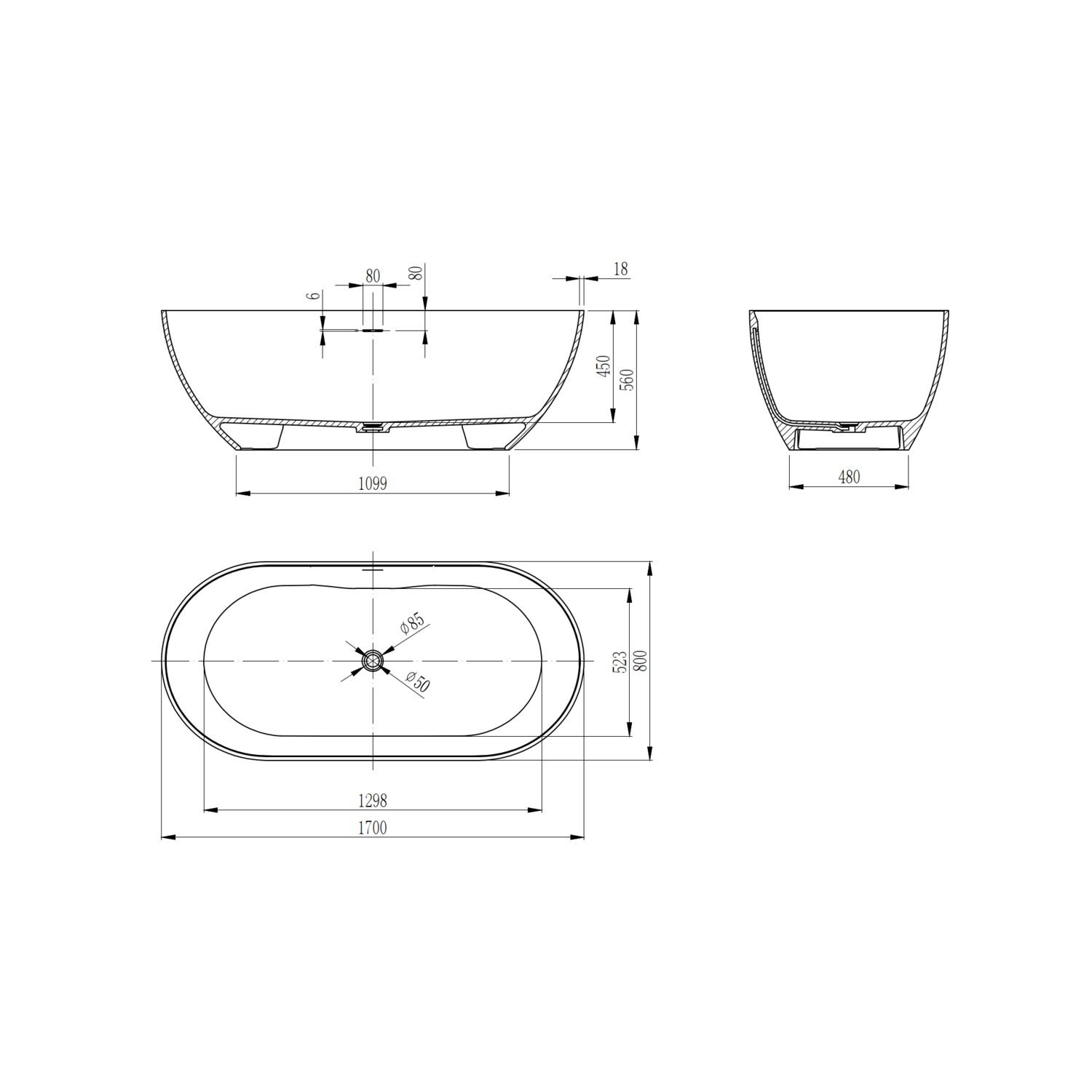 Ванна Vincea VBT-4S04MW 170x80, искусственный камнь, цвет белый матовый - фото 1