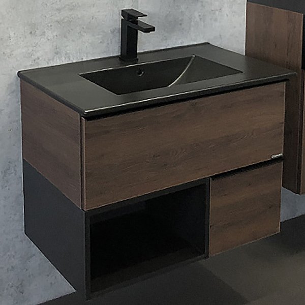 Мебель для ванной Comforty Франкфурт 75 с раковиной Comforty 75E черная матовая, цвет дуб шоколадно-коричневый