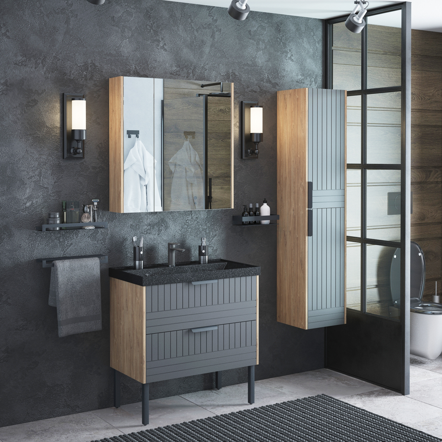 Мебель для ванной Corozo Инди 80, напольная/подвесная, с черной раковиной Стандарт, цвет дуб канзас/графит