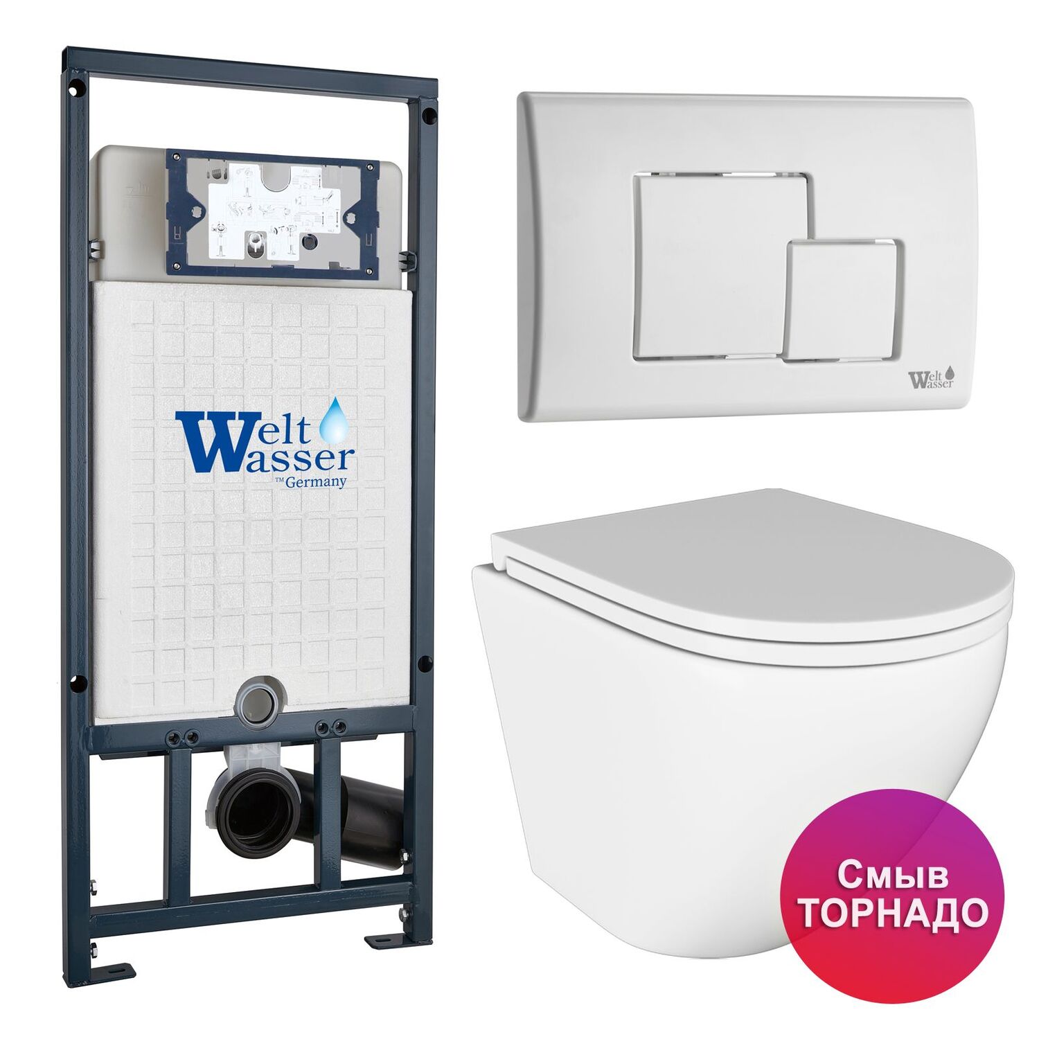 Комплект: Weltwasser Инсталляция Marberg 507 + Кнопка Mar 507 SE GL-WT белая + Stella T JK1101010 белый унитаз, смыв Торнадо