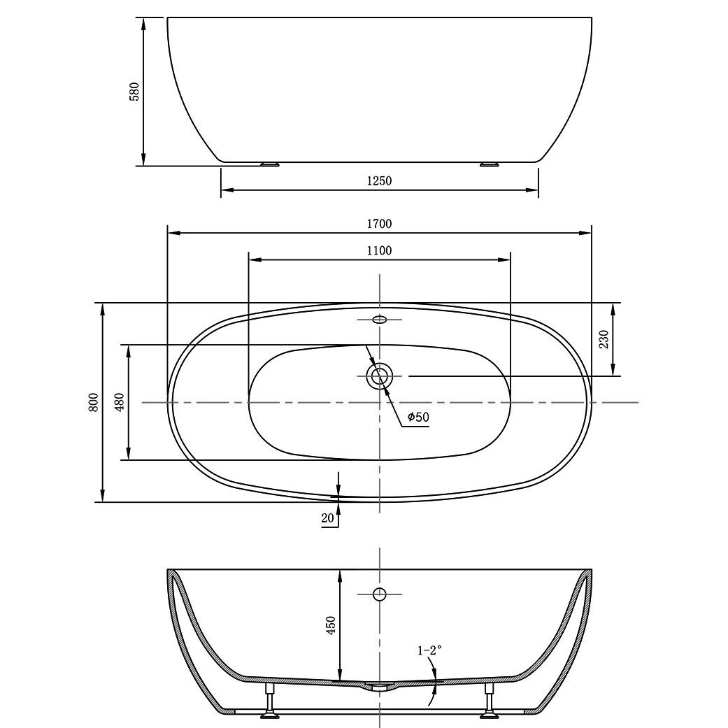 Ванна Vincea VBT-405-170MW 170x80 акриловая, цвет белый матовый - фото 1