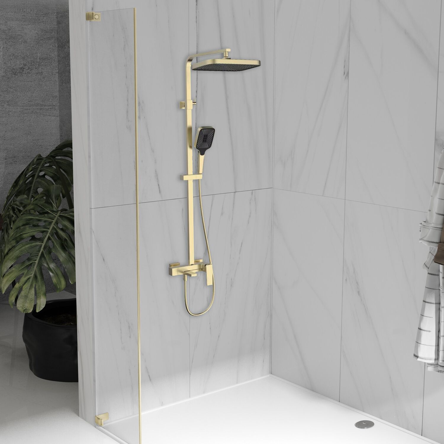 Душевая стойка Vincea Cube VSFS-4C12BG, с верхним душем, смесителем, цвет брашированное золото - фото 1