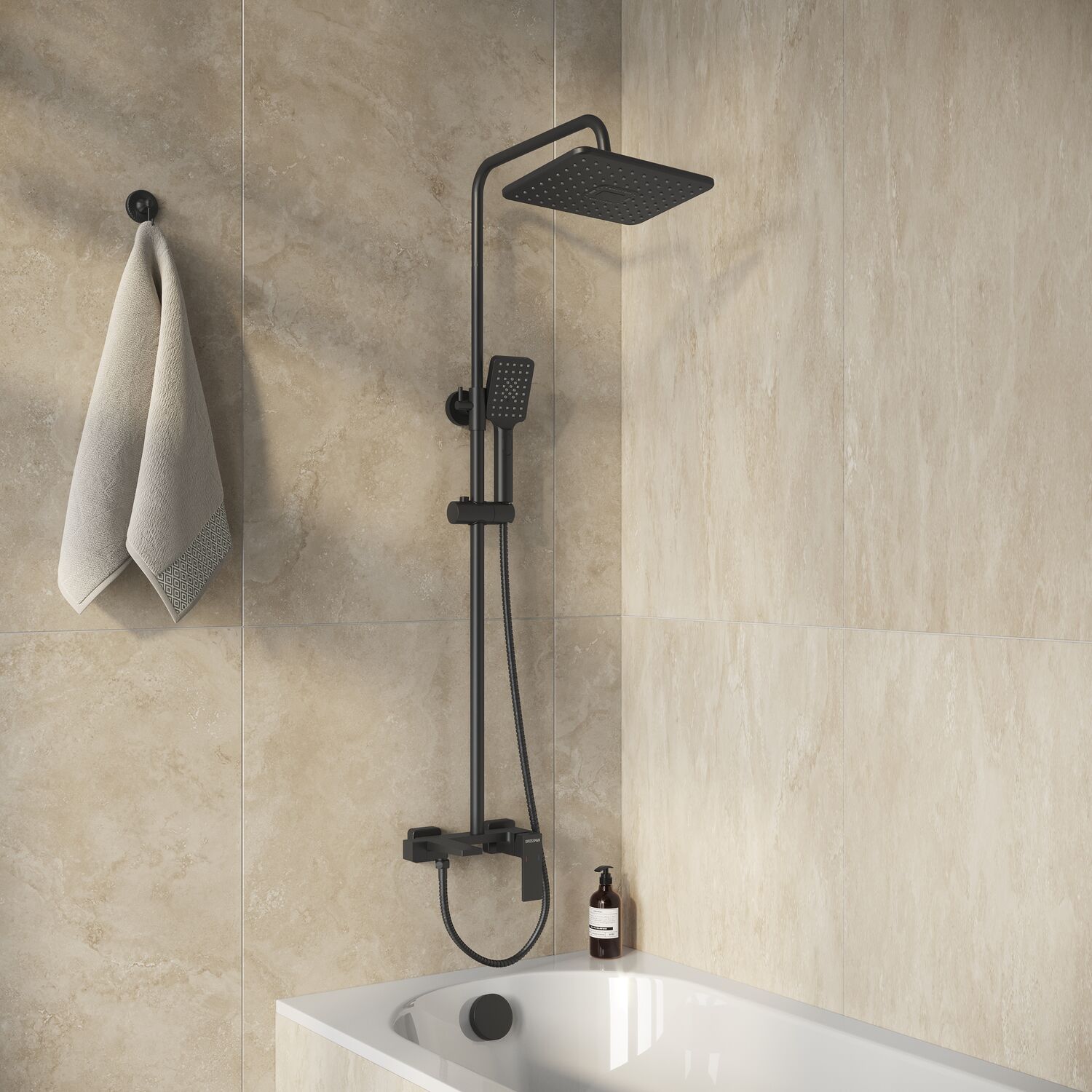 Душевая стойка Grossman Style 500.K35.05.210, с верхним душем, смесителем, цвет черный матовый - фото 1