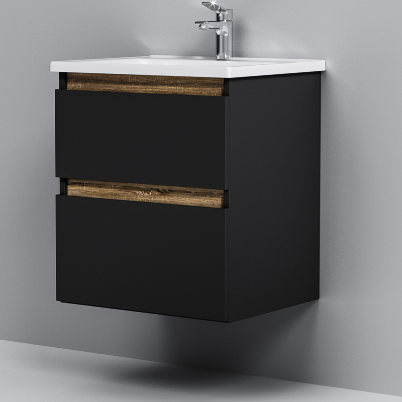 Тумба под раковину AM.PM X-Joy 55 подвесная, цвет черный матовый/дерево - фото 1